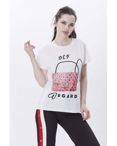 Baskılı  İşlemeli Beyaz T-shirt